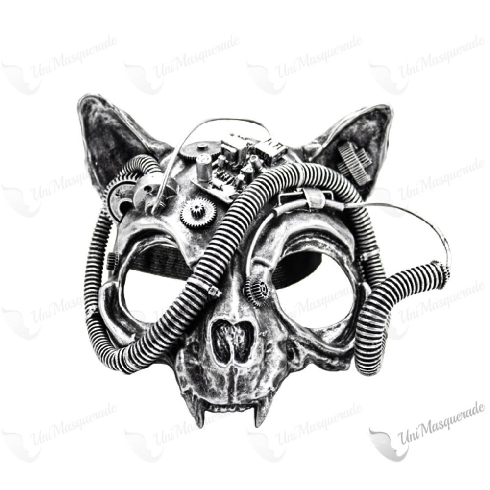 Silver Steampunk Robot Skull Cat Face Halloween Party Costume Face Mask